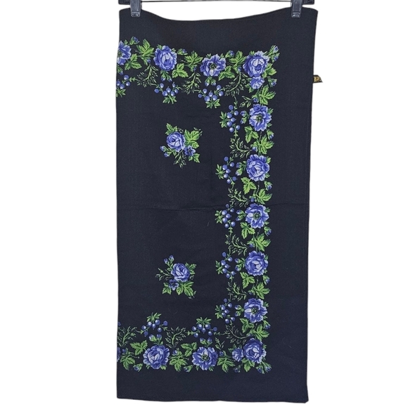 Accessories - Virgin Wool Japanese Floral Embroidered Black, Purple and Green Scarf 28x28